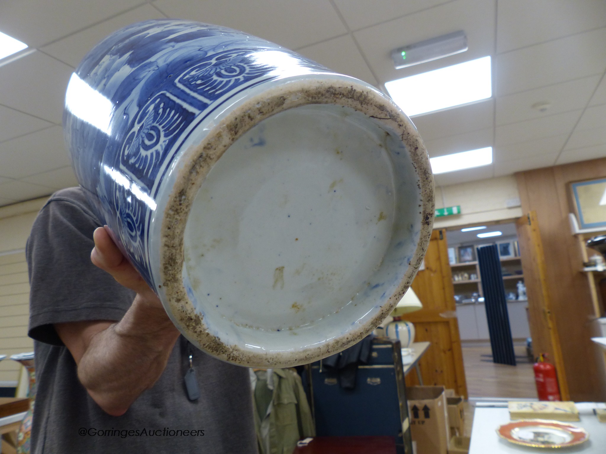 A pair of large Japanese blue and white vases (one a.f.), 60cm high